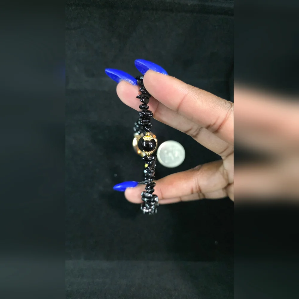 Black Beaded Device Wrist Strap with Gold Accents